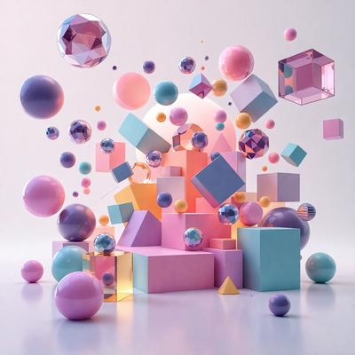 The primary subject of the image is a 3D model of a pink and blue cube, which is surrounded by various other geometric shapes and colorful balls. The setting is a white background, which provides a clean and minimalist appearance. The visual style is a combination of digital art and illustration, creating a vibrant and dynamic scene. The dominant colors are pink and blue, which evoke a sense of playfulness and creativity.